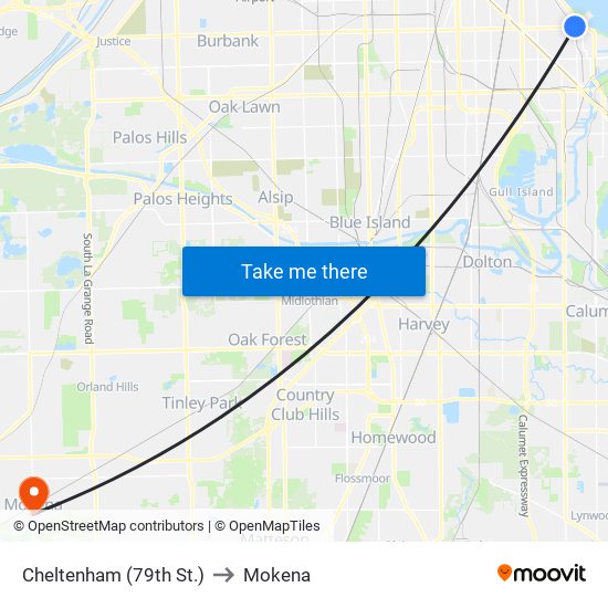 Cheltenham (79th St.) to Mokena map