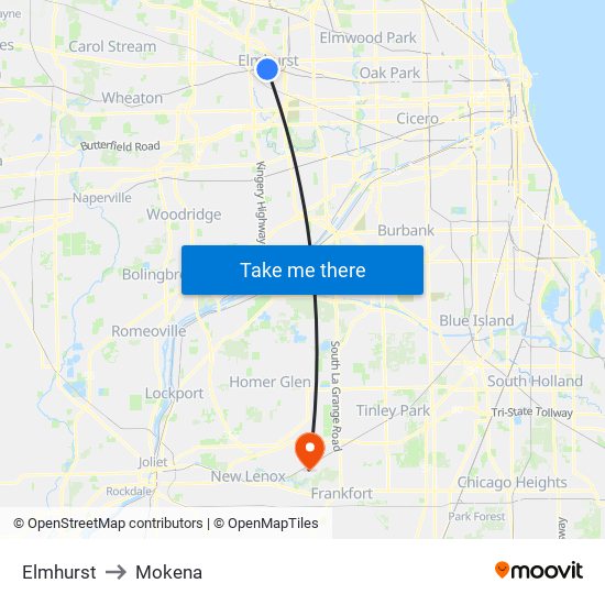 Elmhurst to Mokena map