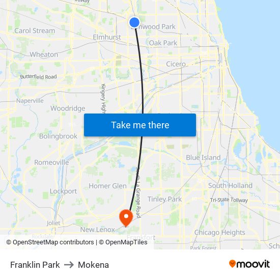 Franklin Park to Mokena map