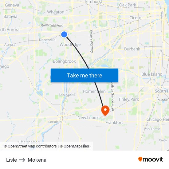 Lisle to Mokena map