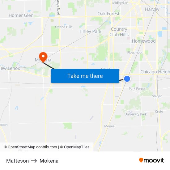 Matteson to Mokena map