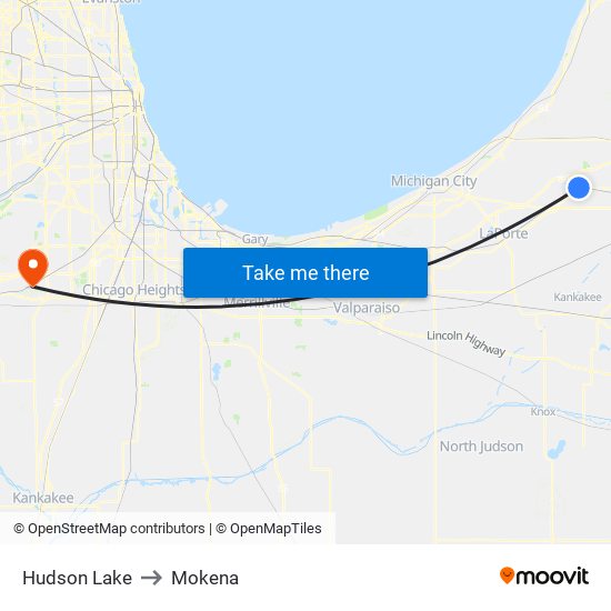 Hudson Lake to Mokena map