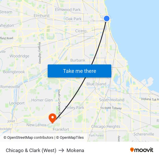 Chicago & Clark (West) to Mokena map