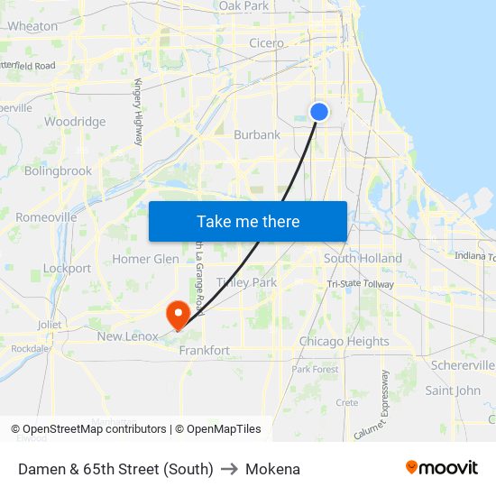 Damen & 65th Street (South) to Mokena map