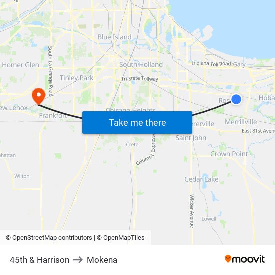 45th & Harrison to Mokena map