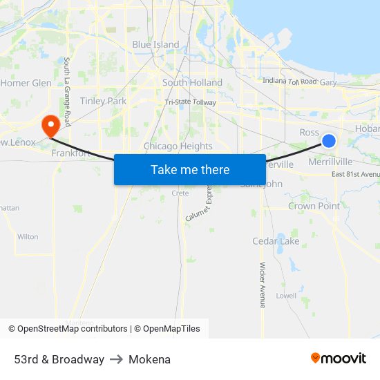 53rd & Broadway to Mokena map