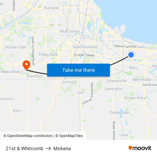 21st & Whitcomb to Mokena map