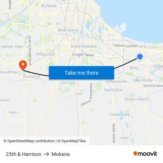 25th & Harrison to Mokena map