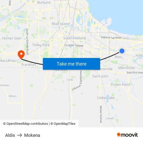 Aldis to Mokena map