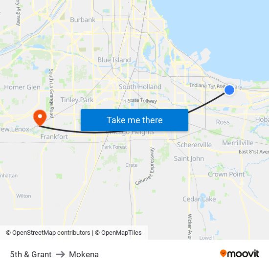 5th & Grant to Mokena map