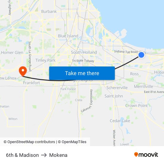 6th & Madison to Mokena map