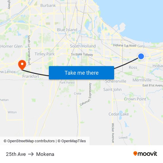 25th Ave to Mokena map
