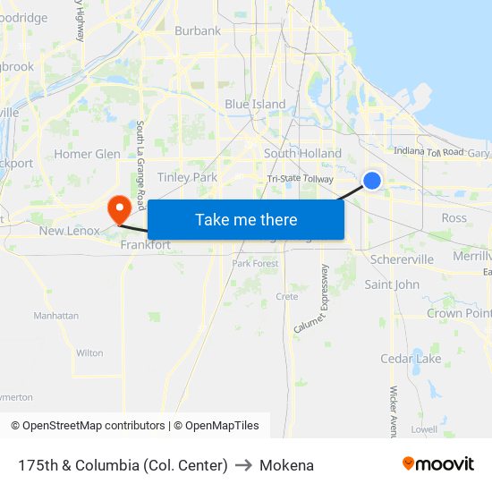 175th & Columbia (Col. Center) to Mokena map