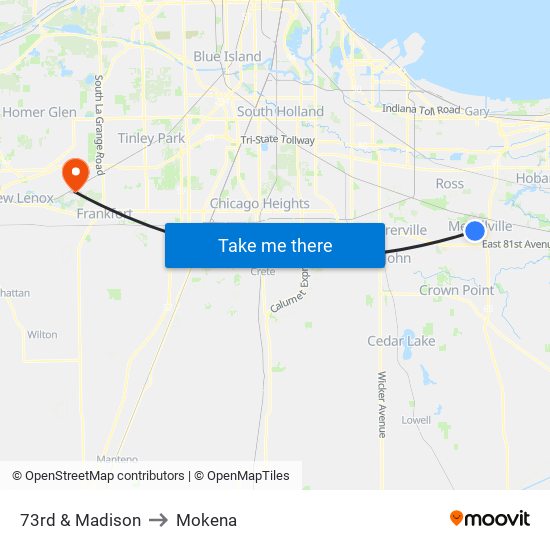 73rd & Madison to Mokena map