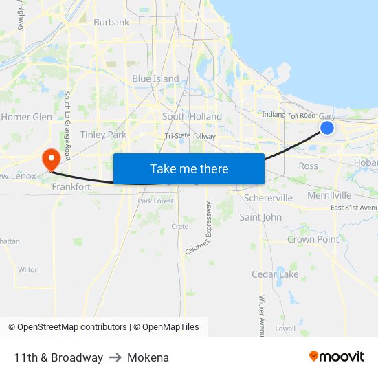 11th & Broadway to Mokena map