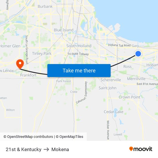 21st & Kentucky to Mokena map