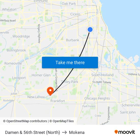 Damen & 56th Street (North) to Mokena map