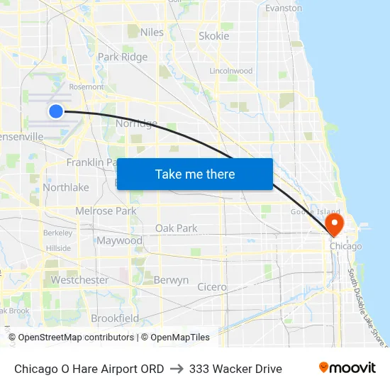 Chicago O Hare Airport ORD to 333 Wacker Drive map
