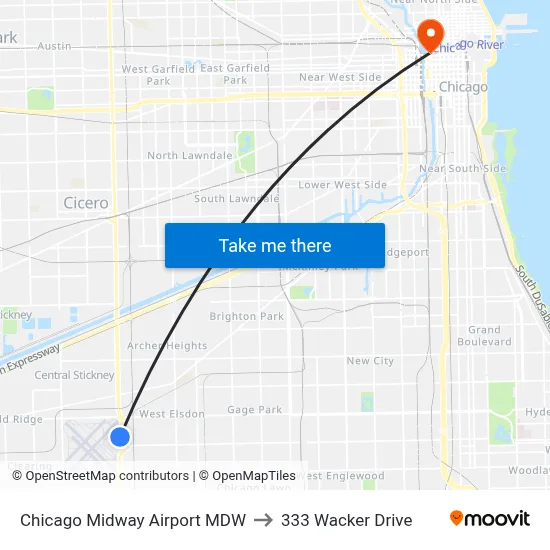 Chicago Midway Airport MDW to 333 Wacker Drive map