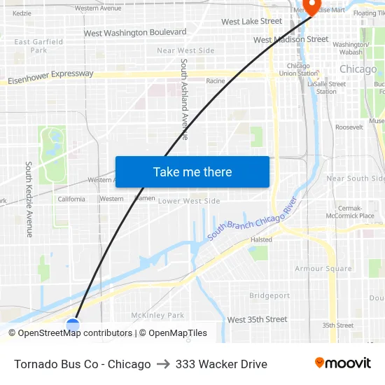Tornado Bus Co - Chicago to 333 Wacker Drive map