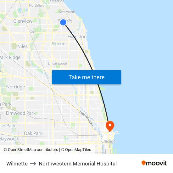 Wilmette to Northwestern Memorial Hospital map