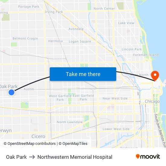 Oak Park to Northwestern Memorial Hospital map