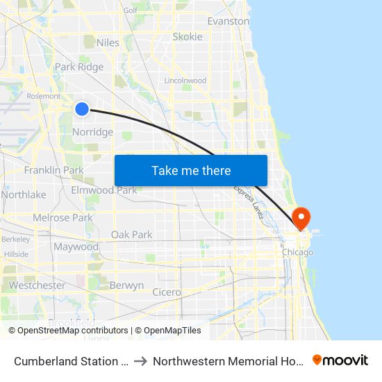 Cumberland Station CTA to Northwestern Memorial Hospital map