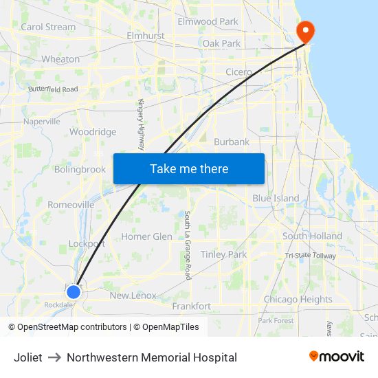 Joliet to Northwestern Memorial Hospital map