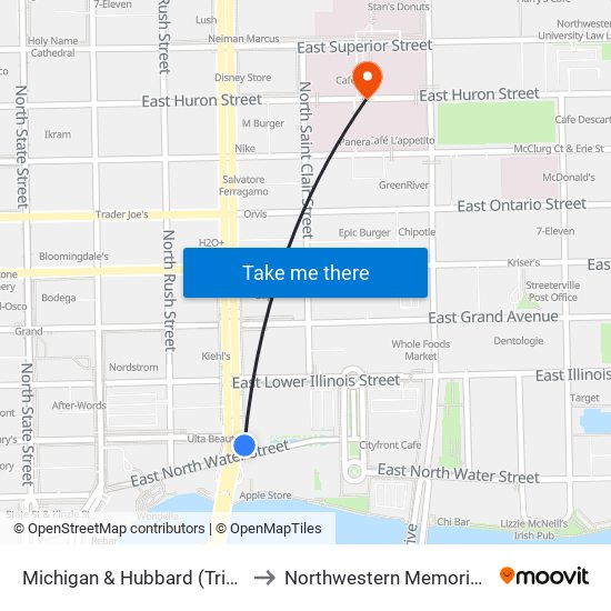 Michigan & Hubbard (Tribune Bldg.) to Northwestern Memorial Hospital map