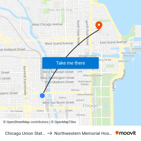 Chicago Union Station to Northwestern Memorial Hospital map