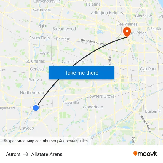Aurora to Allstate Arena map