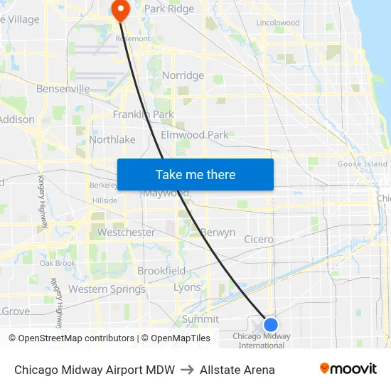 Chicago Midway Airport MDW to Allstate Arena map