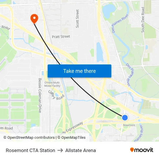 Rosemont CTA Station to Allstate Arena map