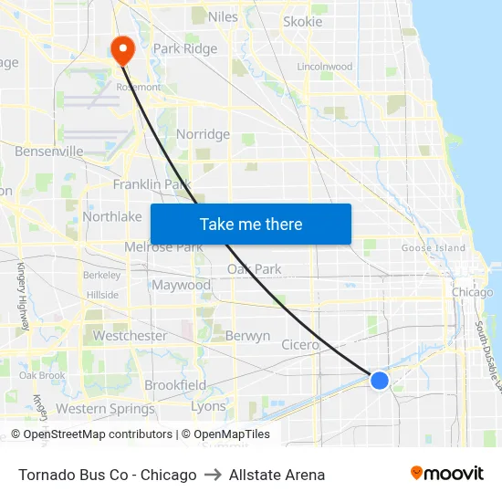 Tornado Bus Co - Chicago to Allstate Arena map