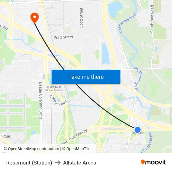 Rosemont (Station) to Allstate Arena map