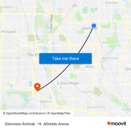 Glenview Amtrak to Allstate Arena map