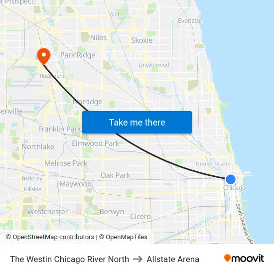 The Westin Chicago River North to Allstate Arena map