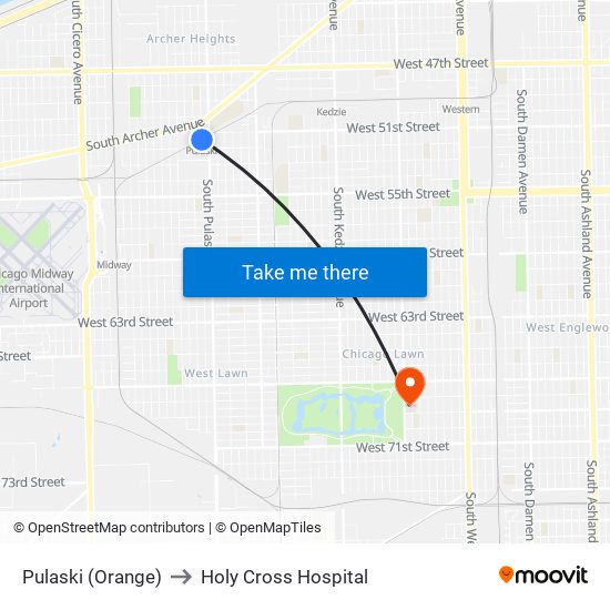 Pulaski (Orange) to Holy Cross Hospital map