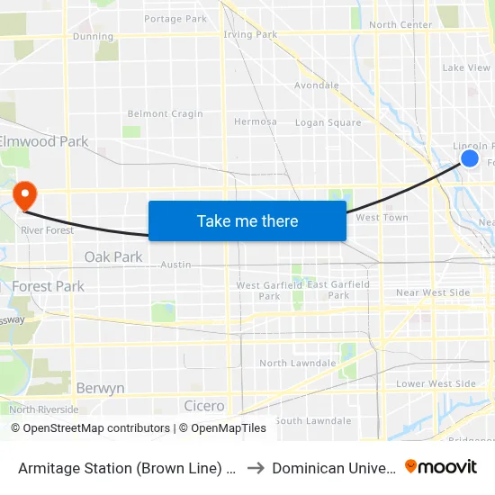 Armitage Station (Brown Line) (West) to Dominican University map