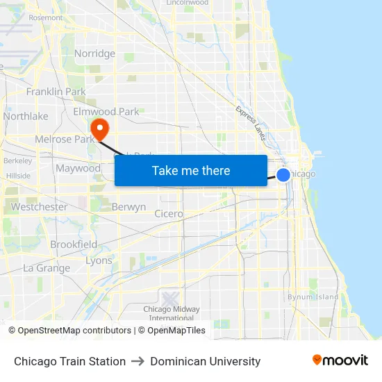 Chicago Train Station to Dominican University map