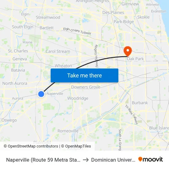 Naperville (Route 59 Metra Station) to Dominican University map
