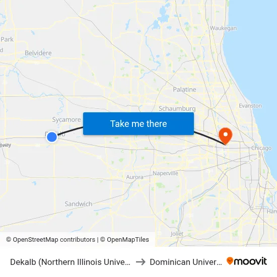 Dekalb (Northern Illinois University) to Dominican University map