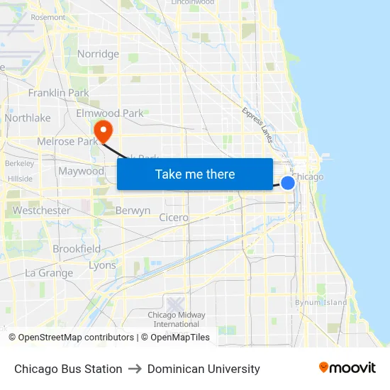 Chicago Bus Station to Dominican University map