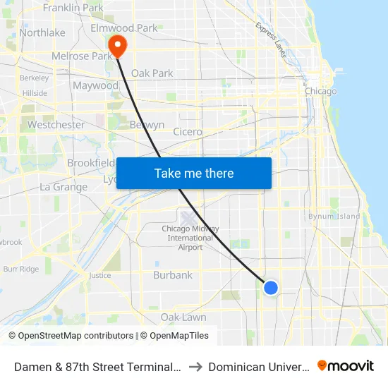 Damen & 87th Street Terminal (Se) to Dominican University map