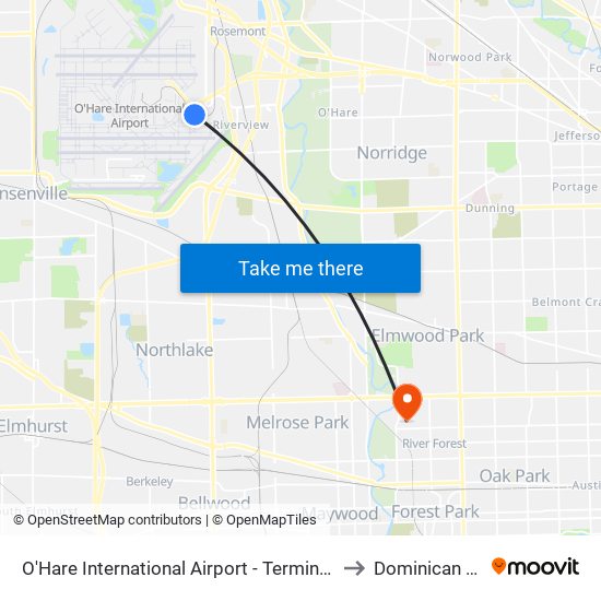 O'Hare International Airport - Terminal 5 Arrivals/Departures to Dominican University map