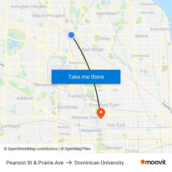 Pearson St & Prairie Ave to Dominican University map