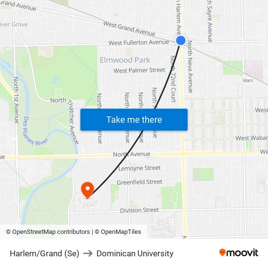 Harlem/Grand (Se) to Dominican University map