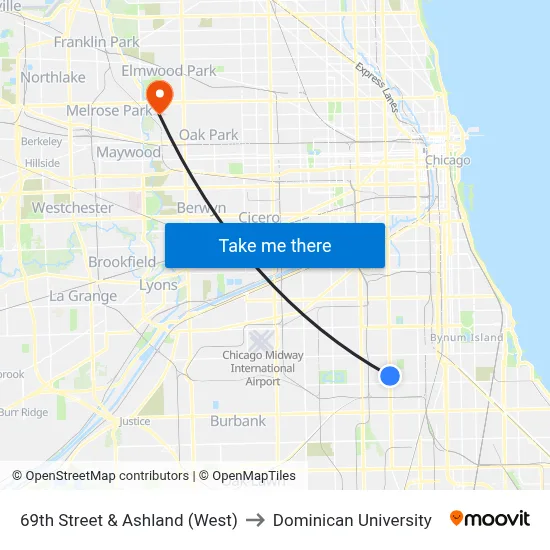 69th Street & Ashland (West) to Dominican University map