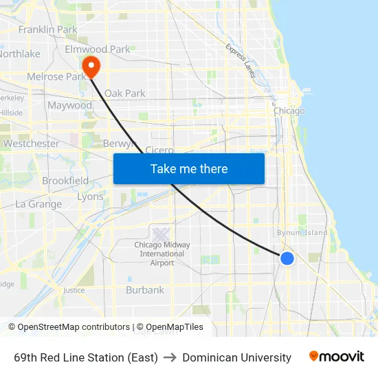 69th Red Line Station (East) to Dominican University map