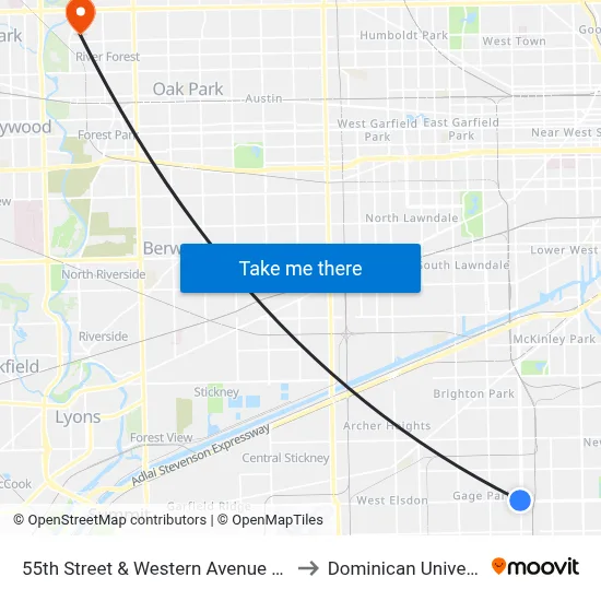 55th Street & Western Avenue (East) to Dominican University map